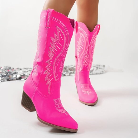 Womens Pink Western Cowboy Boots Embroidered Ankle Booties Block Heel Zips - Picture 3 of 6